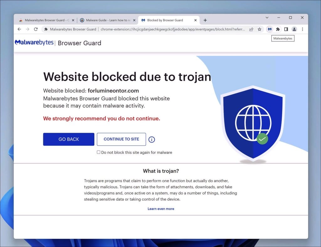 Malwarebytes browser guard - website blocked due trojan
