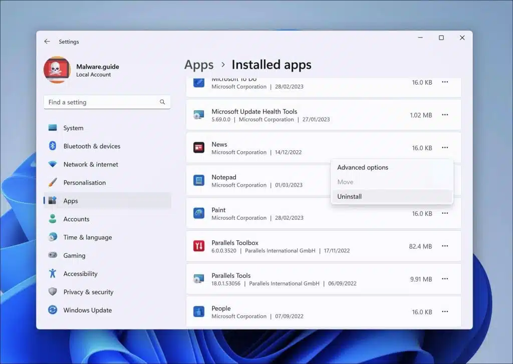 Uninstall unknown or unwanted software from Windows 11